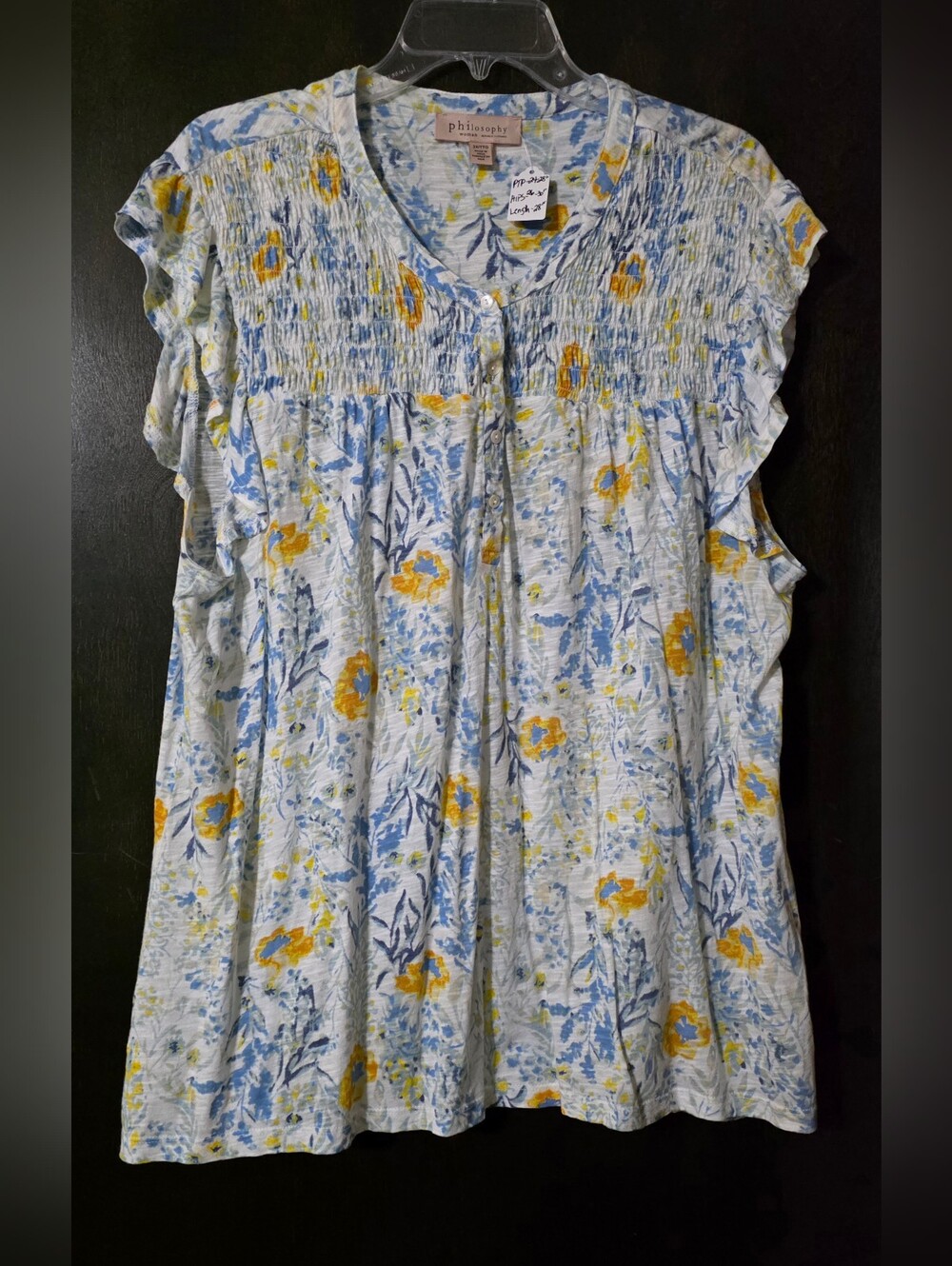 Philosophy Blue Yellow Floral Smocked Short Sleeve Ruffle Top Women's Size 2X